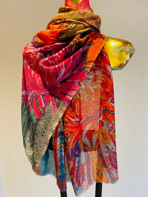 Wool & Silk Printed Scarf -  Winter Sale 50% Off - At checkout use code Winter50%