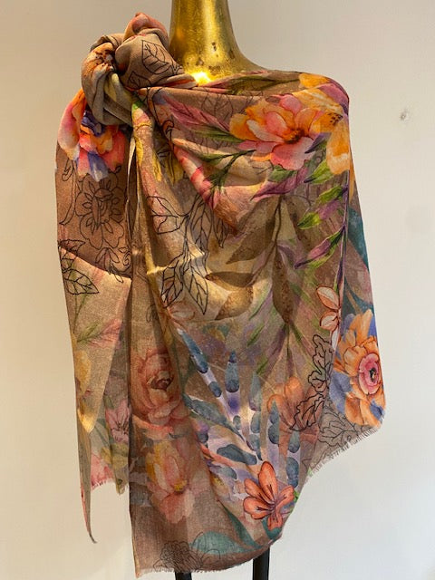 Wool & Silk Printed Scarf -  Winter Sale 50% Off - At checkout use code Winter50%